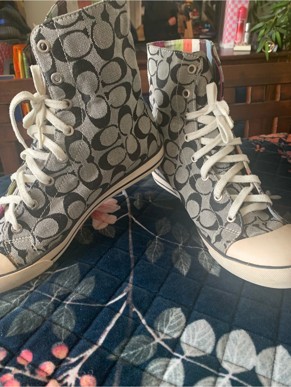 Coach Y2K Bonney Gray Signature High-Top Sneakers with White Laces